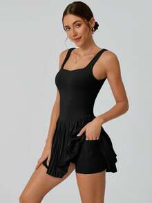 NcmRyu 1 Set Women's Fashion Seamless Elastic Waist Hollow Back Pleated Hem Sports Jumpsuit Dress - Black - View 6