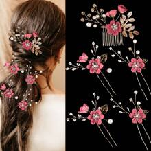Elegant Vintage 5pcs Pearl & Rhinestone Hairpin Set - U-Shaped Bridal Hair Accessories With Handcrafted Beaded Leaf Design