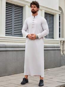 Middle Eastern Arab Men's Traditional Robe With Pockets, Stand-Up Collar And Long Sleeves, Elegant Wear