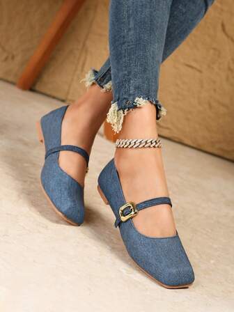 Zapatos planos tipo Mary Jane de punta cuadrada vintage para mujer 2025, zapatos bajos versátiles de lona para primavera y otoño, mocasines planos de talla grande de mezclilla