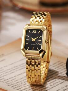 1 pièce Montre à quartz de mode pour femmes avec cadran carré simple gradué, boîtier plaqué or de haute qualité, bracelet en acier inoxydable, convient pour un cadeau d'anniversaire, d'anniversaire de mariage ou de fête des mères