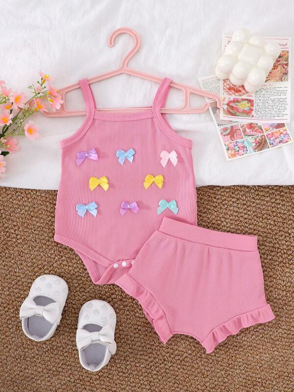 Set de 2 piezas de pelele con volantes y lazos + shorts para bebé/niña pequeña, ligero para el verano