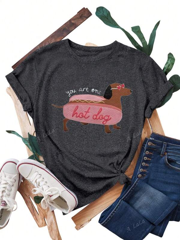 Plus Size Speels Grappig Hotdog Patroon Print Oversized Dames Korte Mouw Zomer, T-shirts Voor Vrouwen