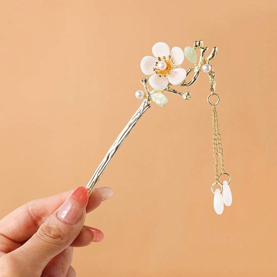 6 Pcs Golden Toothpick Hair Clip/Pearl Tassel Chinese Style Modern Temperament Simple Flower - 款式 1/1 件 - 查看 1