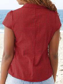 Women's Summer Casual Plaid Shirt Red Short Sleeve Turn Down Collar Buton Up Tops - 紅色 - 查看 4