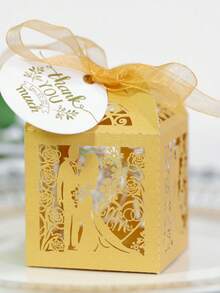 10 Stücke Laser geschnittene Geschenkbox (Weiß, Blau, Gold, Lila), Hochzeits-Geschenkbox für Süßigkeiten mit Schleife, ausgesparte Braut und Bräutigam Design kleine Geschenkbox für Hochzeit, Hochzeitsdekoration Geschenkbox Süßigkeitenbox, Hochzeitsfeier Party Zubehör