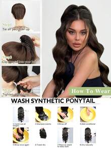 马尾辫接发，22英寸长波浪卷发爪夹马尾辫接发，天然合成纤维假发，适合女性日常佩戴（黑色） - 黑色 - 查看 7