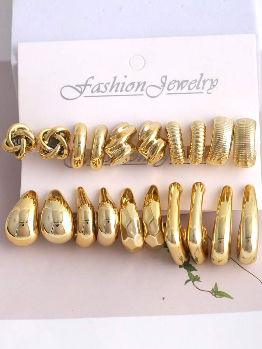 10pcs Golden Geometric Multielemental Earring Set - Yellow Gold - View 1