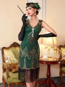 1920s Flapper Dresses, Roaring 20s For Women, Great Gatsby Dresses Fringed Sequin Costume For Party, For Cocktail - Green - View 7