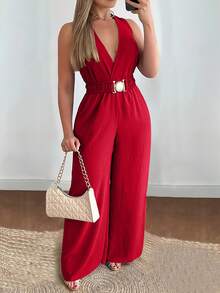 带腰带和口袋的梭织面料女式连体裤，适合节日、日常、生日派对、返校派对、单身派对、旅行、夏季 - 紅色 - 查看 3