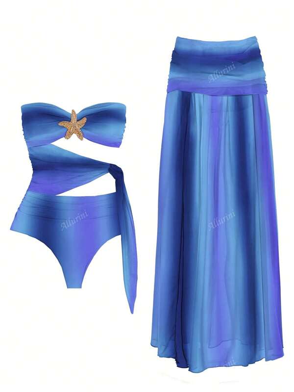 Sexy Gradient Color Hollow Out 2pcs Bikini Swimsuit For Women, European & American Style