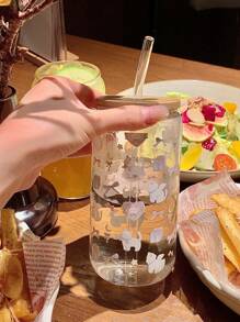1 pezzo Tazza in vetro con stampa a farfalla, con coperchio e cannuccia, a forma di barattolo, bottiglia d'acqua, tazza per caffè freddo, adatta per tè, succo, latte, come regalo di compleanno, accessorio per bere