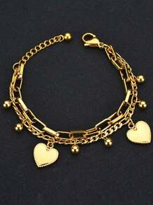 1pc Unisex Couple Bracelet, Vintage Fashionable Double-Layer Heart Design, Multi-Element Chain, Personalized Street Hip-Hop Luxury Titanium Steel Bracelet Accessories