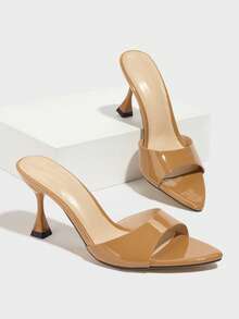 Jin Bei Qi 女士高跟鞋，时尚优雅晚宴户外细高跟尖头亮面镜面彩色面料性感穆勒鞋，优雅棕色凉鞋，春夏装扮 - 棕色 - 查看 4