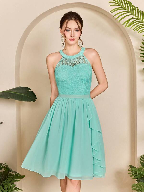 Mgiacy,New Arrival,Round Neck,Contrast Lace,Elegant,Bridesmaid Dress,Flounce,Chiffon,Mini Dress,FOR,Wedding Guest