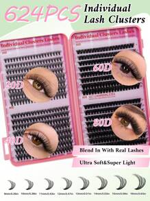 624PCS Mixed DIY Lash Extension Kit High Capacity Individual Lash Clusters 9-16MM Mixed D Curl Effect Natural Look Wispy Soft And Comfortable False Eyelashes Long-Lasting Individual Lashes Kit With Lash Bond&Seal And Tweezers And Lash Brush