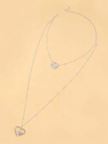1pc Rhinestone Heart Pendant Double-Layer Necklace, Elegant Design Long Sweater Chain Necklace For Women - Love - View 3