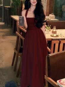 Elegant Lace Up Slim A-Line Bridesmaid Dress France Sleeveless Solid Party Graduation Midi Women Spring Summer