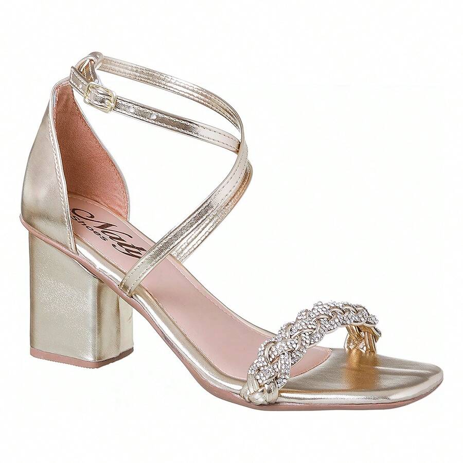 Women's Sandals High Heel Thick Casual Rhinestone Closed Back Braided Stones - Light Gold - View 1