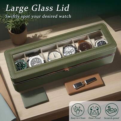 Watch Cases For Men, 6 Slot Watch Display Case With Glass Lid & Secure Locking Clasp, Jewelry Organizer For Men/Women, Great Watch Storage Box, Leather Travel Watch Case. Green Back To School