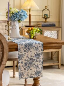 1 Peça Caminho de Mesa Retangular Estilo Boêmio com Padrão Floral Azul Vintage, Decoração de Tapete Lavável para Aparador, Buffet, Adequado para Festas, Piqueniques, Feriados, Interno ou Externo