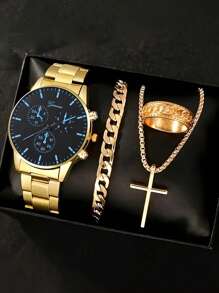 4pcs Luxury Gift Set For Men: Stainless Steel Quartz Watch, Cross Pendant Necklace, Bracelet And Ring, Perfect Business Casual Accessories, Ideal Gift For Him - Suitable For Leisure And Sports