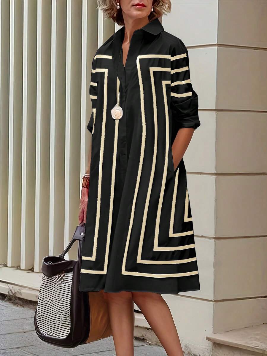 几何图案长袖宽松纽扣条纹翻领中长连衣裙，涤纶面料，适合海滩、晚会、办公室、家居、春夏季