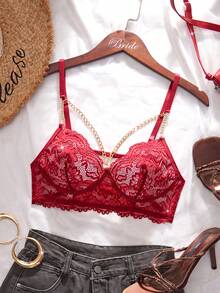 Sexy Metal Chain Mesh Women's Lingerie Deep V Lace Padded Bra, Printed Seamless Shaping Bra - Red - View 7