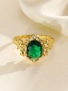 永恒的爱守护天使女款铜戒指，镶嵌超级祖母绿切割方晶锆石，适合日常佩戴、婚礼、周年纪念礼物 - 金色 - 查看 4