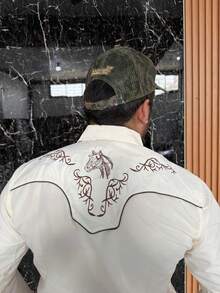 Camisa charra vaquera de rodeo bordada artesanal mexicana para hombre color beige bordado café - Beis - Ver 5