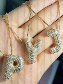 MECYLIFE 1pc Micro-Inlaid Cubic Zirconia Bubble Letter Necklace With 26 Letters Pendant