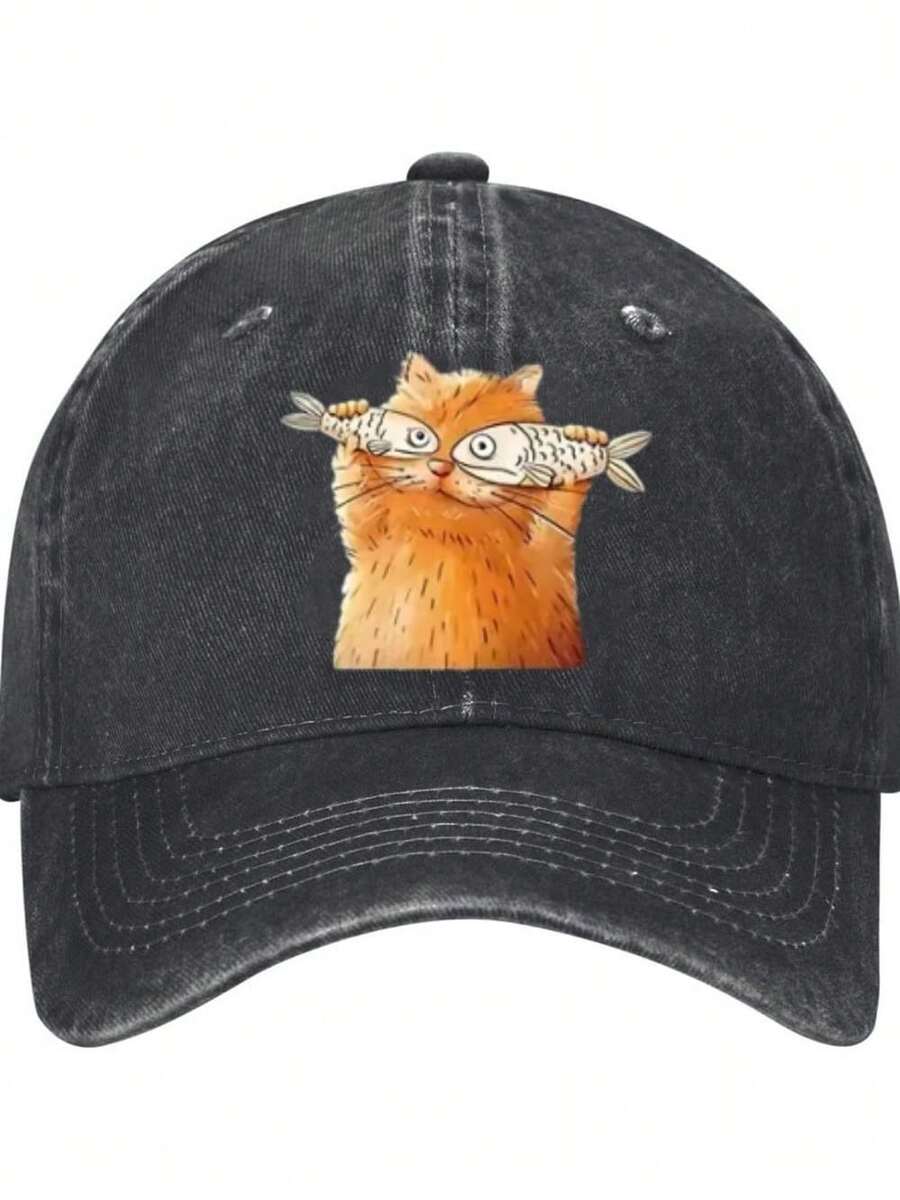 Gorra con gráfico de gato con peces, 100% algodón denim, gorra de béisbol. El diseño de ala arqueada es ajustable. - Negro - Ver 1