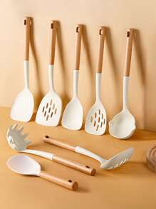 1pc/8pcs Wooden Handle Silicone Utensil Set, Non-Stick Cookware, Silicone Spatula, Wooden Spatulas, Soup Ladle, Rice Paddle, Kitchen Gadgets, Heat-Resistant &