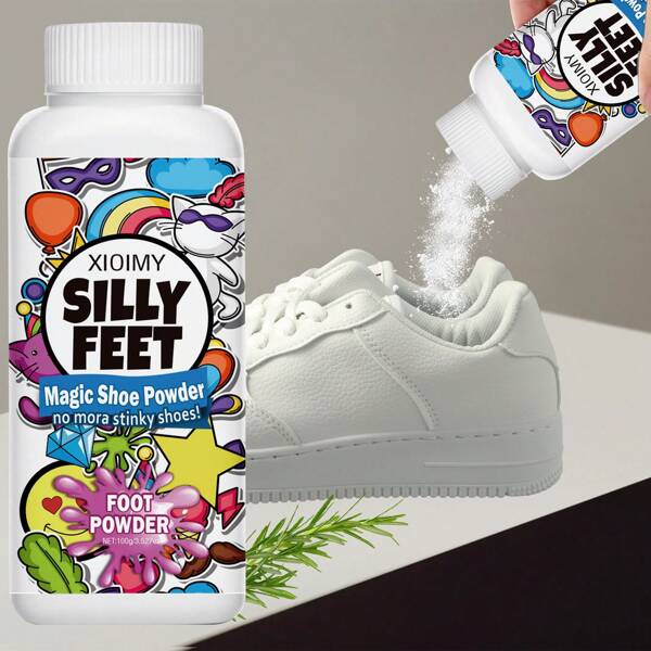 Xioimy 100g de polvo desodorante para pies y calzado, enriquecido con vitamina E y romero, elimina los olores, fórmula de bajo nivel de irritación y que absorbe el sudor, apta para todo tipo de piel, mantiene los pies frescos y frescos, polvo desodorante con diseño de dibujos animados