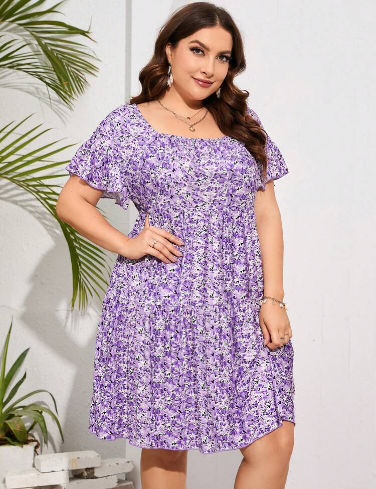 Plus Size Dress Women's Plus Size Floral V-Neck Dress Short Sleeve Knee Length A-Line Mini Dresses - In màu tím - Xem 3