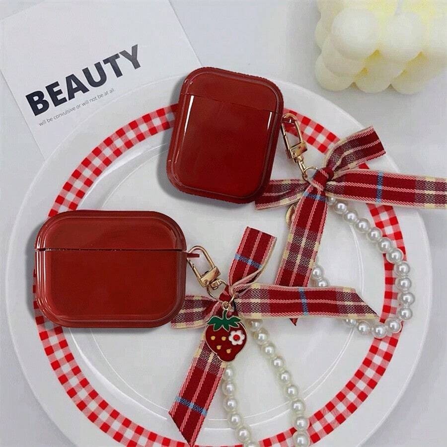 Keychain,Lanyard Wine Red Solid Color Bowknot Pendant, Shockproof Protective Case Compatible With Apple Bluetooth Earphones