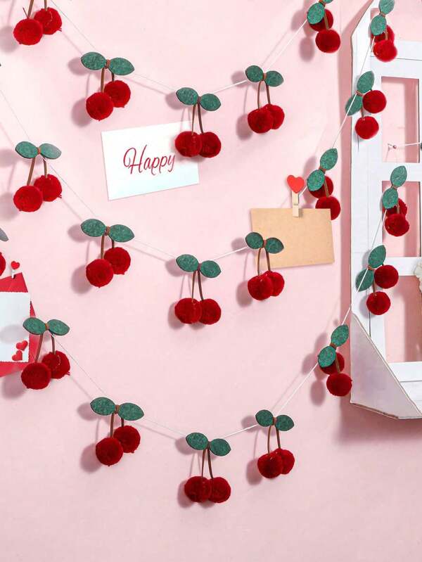 1pc-Cherry Garland Decoration, Cherries Birthday Decoration Christmas Pompom, Cherry Plush Ball, DIY Threading Banner, Bedroom Wall Decoration Hanging, Holiday Party Room And Wall Decoration
