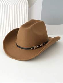 1PC Solid Color Woolen Top Hat, Fashionable And Personalized Leather Belt Buckle Decoration, Fashionable And Versatile, Novel And Interesting Top Hat With Wide Brim, Suitable For Western Themed Parties, Parties, Engagements, Role-Playing, Graduation Ceremonies, Performance Dances, Festivals, Birthday Celebrations, Music Festivals, Etc - Buckle - View 4