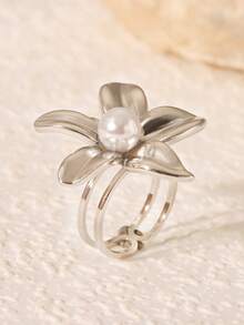 1 件女士不锈钢花朵珍珠开口戒指，时尚优雅简约奢华不褪色戒指配饰 - 戒指 - 查看 4