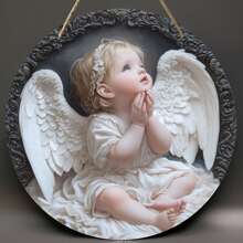 Plano 2D - Tábua de Madeira Estátua de Anjo 8x8 Polegadas - Tema de Anjo, Estátua de Anjo Detalhada, Perfeitamente Adequada para Decoração de Casa, Escritório, Cozinha, Bar ou Café | Presente Ideal para Feriados, Sem Bateria Necessária, Decoração de Cafeteria | Design de Anjo Requintado | Artesanato em Madeira