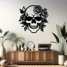 1pc Elegant Skull, Flower & Butterfly Metal Wall Art - Vintage Style Decor With Rose & Green Plants - Durable Black Metal Hanging Sign, Suitable For Living Room, Office, Kitchen Or Bar Decoration, Decorative Art | Elegant Wall Accessory | Durable Metal Art, Large Wall Art Room Decor Bedroom Decor Home Decor Wall Decor
