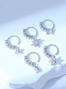 5pcs Luxury Copper Floral & Heart Shaped Zirconia Stone Nose Rings, Suitable For Women As Valentine's Day, Christmas, Halloween, Birthday Gifts, For Daily Wear - Silver - View 3
