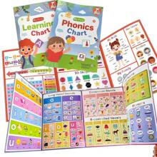 Lachilly Quadro de aprendizagem fonética, pôsteres de aprendizagem infantil pré-escolar, números do alfabeto de 1 a 10, cores, vocabulário CVC, palavras em inglês, pôsteres A4, brinquedos educativos Montessori