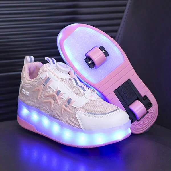 Sapatos com luzes LED e rodas recarregáveis piscantes para crianças, tênis de patins com botão para meninos e meninas, carregamento USB, calçados esportivos de malha respirável multicoloridos para crianças pequenas, crianças grandes e jovens, tênis grossos populares para dança de rua