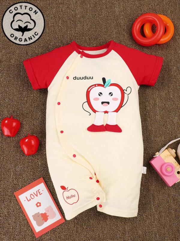 1pc 1M-18M Baby Romper, Newborn Infant Jumpsuit, Apple Print Short Sleeve Jumpsuit, Cotton Sleepwear For Indoor And Outdoor Use