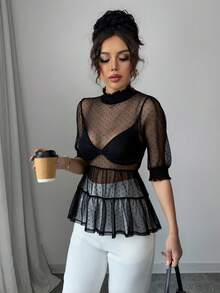 Vestido  mini vaporoso mesh romántico sexy cortes con olán cuello alto costura drapeada manga corta smog bajo amplio cómodo transparente bolitas dama mujer primavera verano noche fiesta evento concierto festival comida playa jardín - Negro - Ver 5