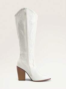 女式牛仔靴，舒适拉链粗跟尖头刺绣西部牛仔及膝靴