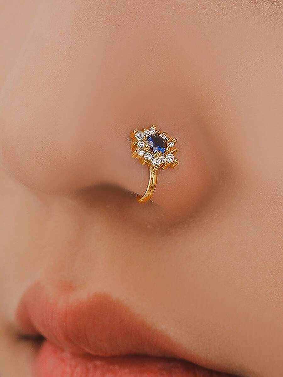 Nooxian 1 件迷你微密镶太阳花 CZ 石鼻夹，鼻环首饰，无需穿孔，蓝色向日葵鼻钉