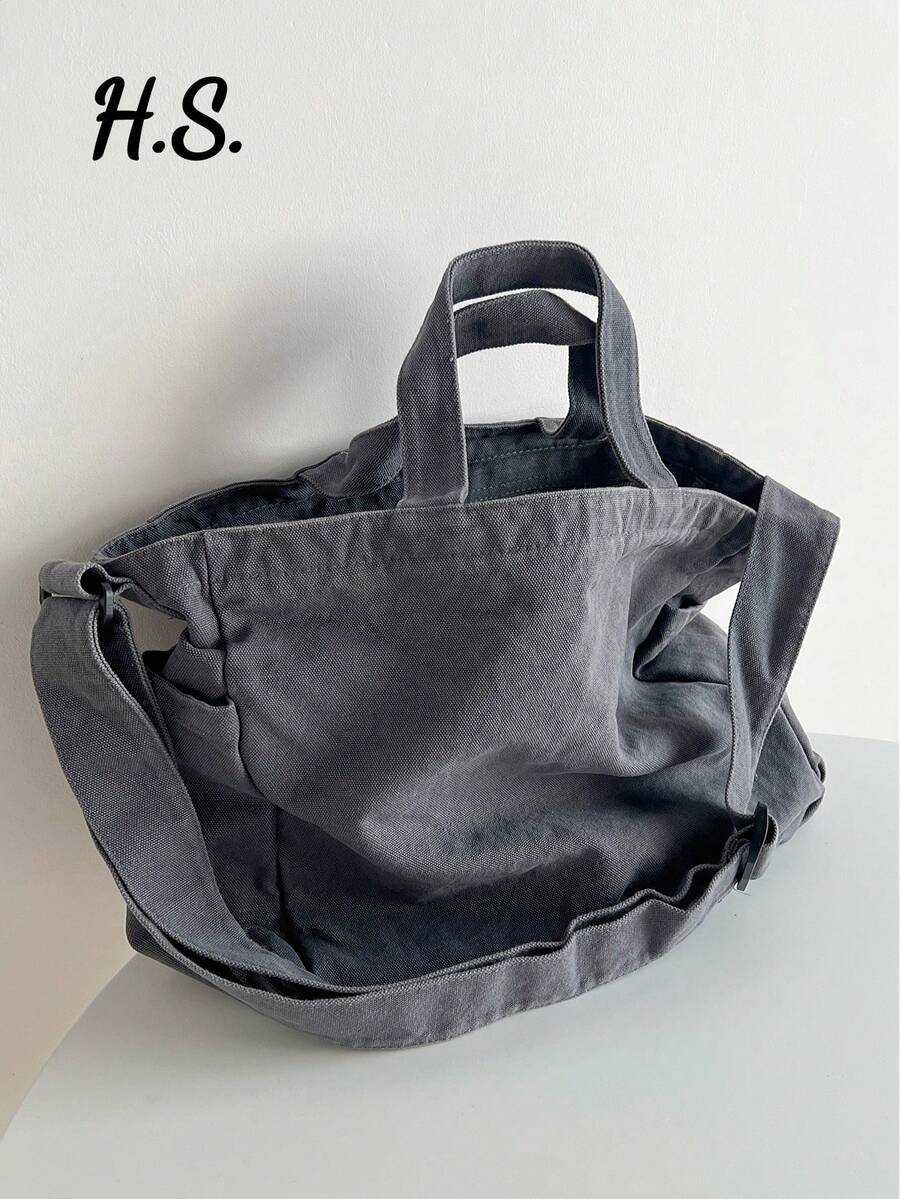 Casual Vintage Washed Thick Canvas Tote Bag, Simple Design Large Capacity Foldable Handbag & Shoulder Bag Suitable For Everyday, School, College, Fits Grey Color