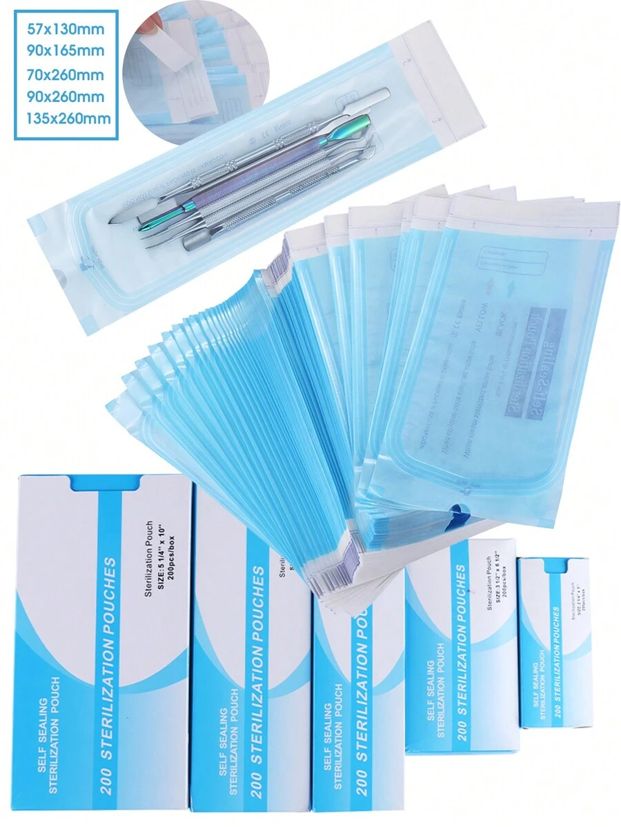 200pcs/Box 5 Sizes Sterilization Bags, Disposable Disinfection Bags, Cleaning Bags, Suitable For Steel Nail Art Tools And Accessories - Multicolor - View 1